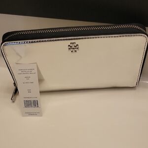 Tory Burch Metallic Silver Zip-Around Continental Wallet with Black Trim